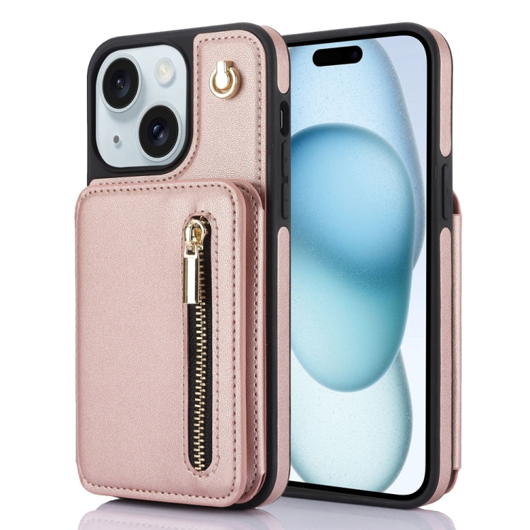 For iPhone 15 Plus YM006 Skin Feel Zipper Card Bag Phone Case with Dual Lanyard(Rose Gold) - iPhone 15 Plus Cases by buy2fix | Online Shopping UK | buy2fix