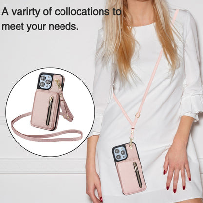 For iPhone 15 Plus YM006 Skin Feel Zipper Card Bag Phone Case with Dual Lanyard(Rose Gold) - iPhone 15 Plus Cases by buy2fix | Online Shopping UK | buy2fix
