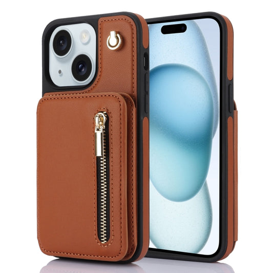 For iPhone 15 Plus YM006 Skin Feel Zipper Card Bag Phone Case with Dual Lanyard(Brown) - iPhone 15 Plus Cases by buy2fix | Online Shopping UK | buy2fix