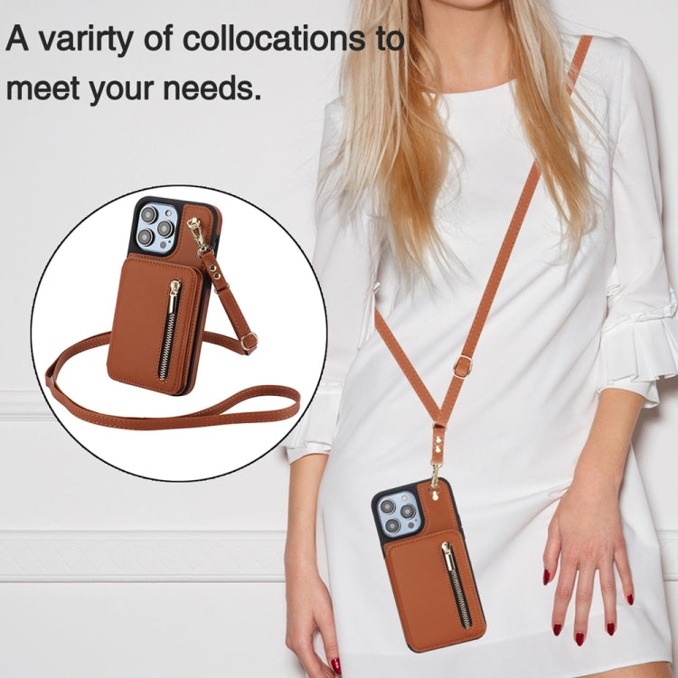 For iPhone 15 Plus YM006 Skin Feel Zipper Card Bag Phone Case with Dual Lanyard(Brown) - iPhone 15 Plus Cases by buy2fix | Online Shopping UK | buy2fix