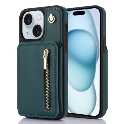 For iPhone 15 Plus YM006 Skin Feel Zipper Card Bag Phone Case with Dual Lanyard(Green) - iPhone 15 Plus Cases by buy2fix | Online Shopping UK | buy2fix