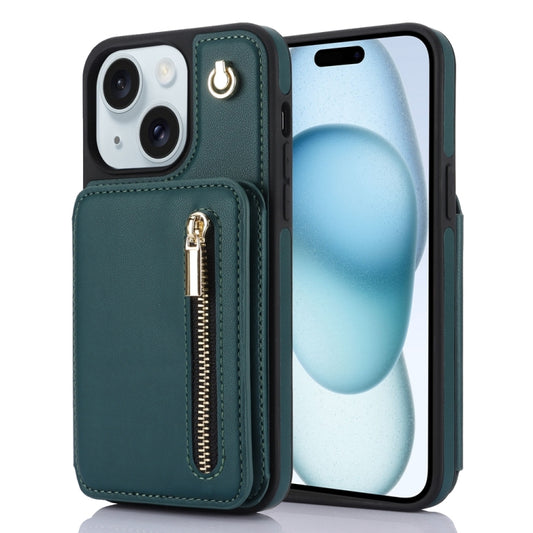 For iPhone 15 Plus YM006 Skin Feel Zipper Card Bag Phone Case with Dual Lanyard(Green) - iPhone 15 Plus Cases by buy2fix | Online Shopping UK | buy2fix