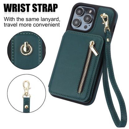For iPhone 15 Plus YM006 Skin Feel Zipper Card Bag Phone Case with Dual Lanyard(Green) - iPhone 15 Plus Cases by buy2fix | Online Shopping UK | buy2fix
