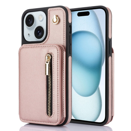 For iPhone 15 YM006 Skin Feel Zipper Card Bag Phone Case with Dual Lanyard(Rose Gold) - iPhone 15 Cases by buy2fix | Online Shopping UK | buy2fix