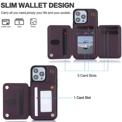 For iPhone 14 Plus YM006 Skin Feel Zipper Card Bag Phone Case with Dual Lanyard(Dark Purple) - iPhone 14 Plus Cases by buy2fix | Online Shopping UK | buy2fix