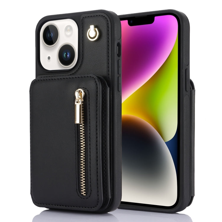 For iPhone 14 Plus YM006 Skin Feel Zipper Card Bag Phone Case with Dual Lanyard(Black) - iPhone 14 Plus Cases by buy2fix | Online Shopping UK | buy2fix