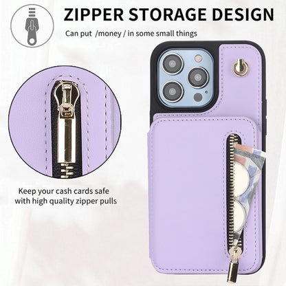 For iPhone 14 Plus YM006 Skin Feel Zipper Card Bag Phone Case with Dual Lanyard(Light Purple) - iPhone 14 Plus Cases by buy2fix | Online Shopping UK | buy2fix
