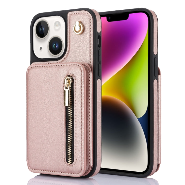 For iPhone 14 Plus YM006 Skin Feel Zipper Card Bag Phone Case with Dual Lanyard(Rose Gold) - iPhone 14 Plus Cases by buy2fix | Online Shopping UK | buy2fix