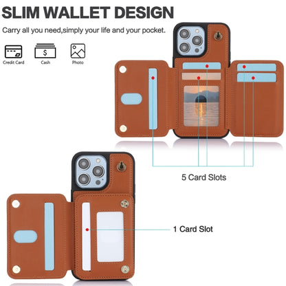 For iPhone 14 Plus YM006 Skin Feel Zipper Card Bag Phone Case with Dual Lanyard(Brown) - iPhone 14 Plus Cases by buy2fix | Online Shopping UK | buy2fix
