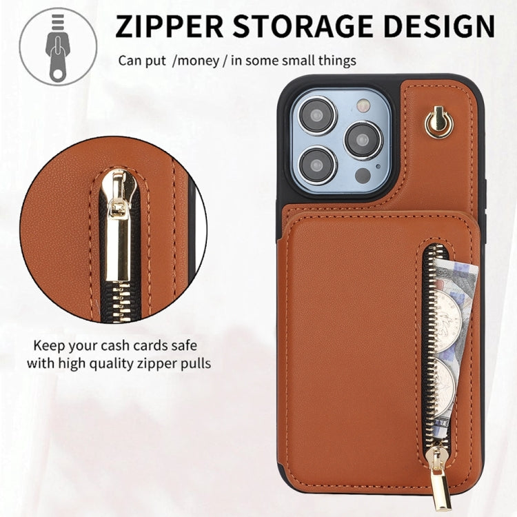 For iPhone 14 Plus YM006 Skin Feel Zipper Card Bag Phone Case with Dual Lanyard(Brown) - iPhone 14 Plus Cases by buy2fix | Online Shopping UK | buy2fix