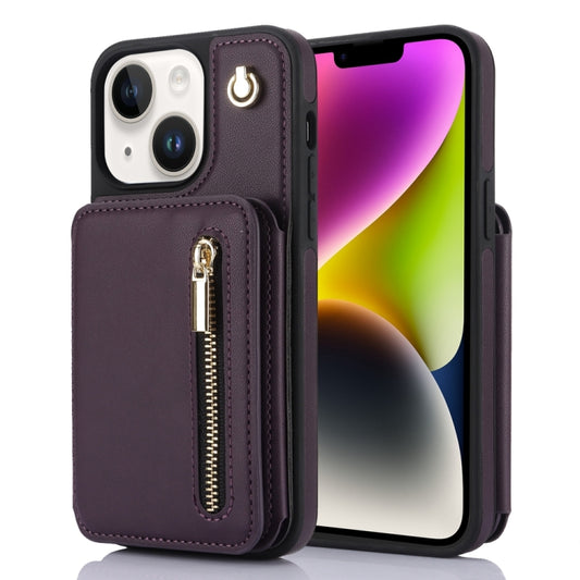 For iPhone 14 YM006 Skin Feel Zipper Card Bag Phone Case with Dual Lanyard(Dark Purple) - iPhone 14 Cases by buy2fix | Online Shopping UK | buy2fix