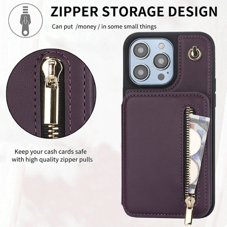 For iPhone 14 YM006 Skin Feel Zipper Card Bag Phone Case with Dual Lanyard(Dark Purple) - iPhone 14 Cases by buy2fix | Online Shopping UK | buy2fix
