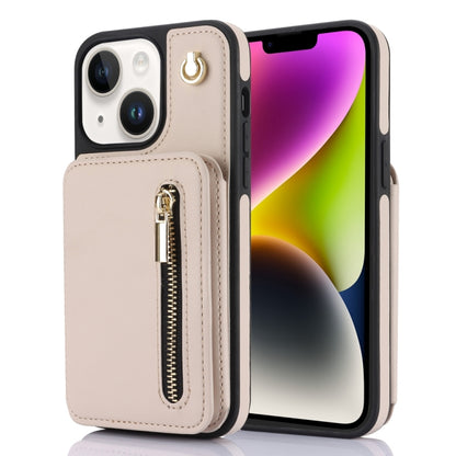 For iPhone 14 YM006 Skin Feel Zipper Card Bag Phone Case with Dual Lanyard(Apricot) - iPhone 14 Cases by buy2fix | Online Shopping UK | buy2fix