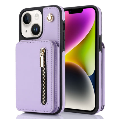For iPhone 14 YM006 Skin Feel Zipper Card Bag Phone Case with Dual Lanyard(Light Purple) - iPhone 14 Cases by buy2fix | Online Shopping UK | buy2fix