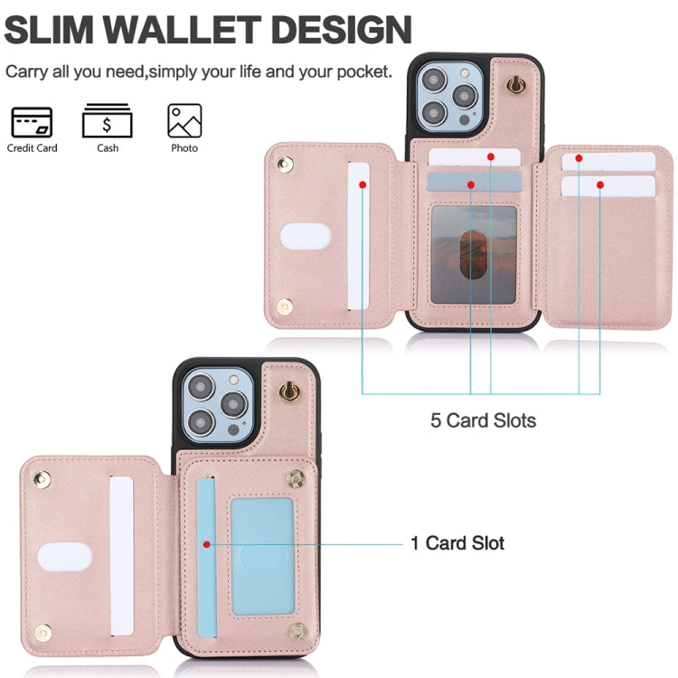 For iPhone 14 YM006 Skin Feel Zipper Card Bag Phone Case with Dual Lanyard(Rose Gold) - iPhone 14 Cases by buy2fix | Online Shopping UK | buy2fix
