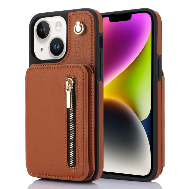 For iPhone 14 YM006 Skin Feel Zipper Card Bag Phone Case with Dual Lanyard(Brown) - iPhone 14 Cases by buy2fix | Online Shopping UK | buy2fix