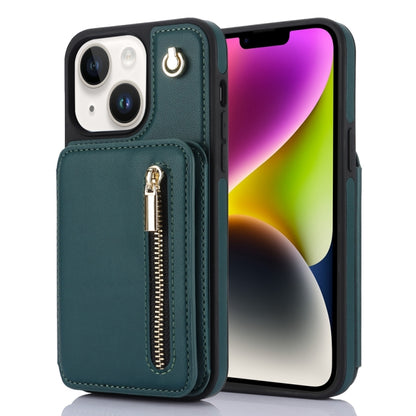For iPhone 14 YM006 Skin Feel Zipper Card Bag Phone Case with Dual Lanyard(Green) - iPhone 14 Cases by buy2fix | Online Shopping UK | buy2fix