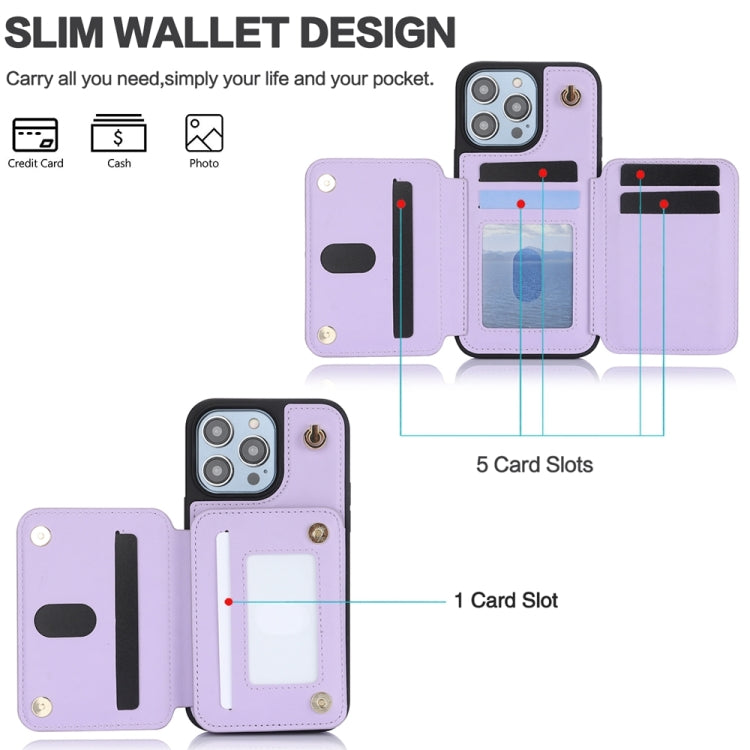 For iPhone 14 Pro YM006 Skin Feel Zipper Card Bag Phone Case with Dual Lanyard(Light Purple) - iPhone 14 Pro Cases by buy2fix | Online Shopping UK | buy2fix