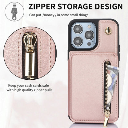 For iPhone 14 Pro YM006 Skin Feel Zipper Card Bag Phone Case with Dual Lanyard(Rose Gold) - iPhone 14 Pro Cases by buy2fix | Online Shopping UK | buy2fix