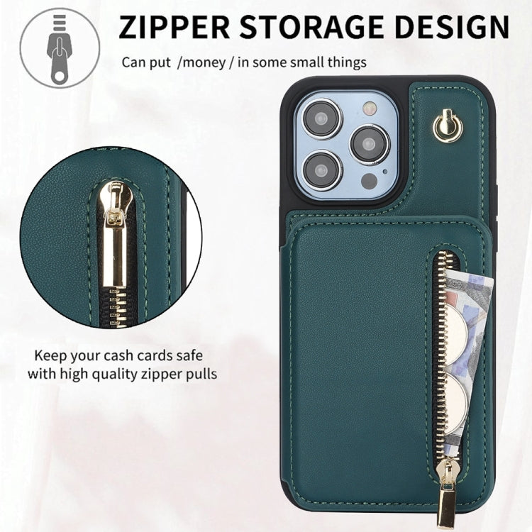 For iPhone 14 Pro YM006 Skin Feel Zipper Card Bag Phone Case with Dual Lanyard(Green) - iPhone 14 Pro Cases by buy2fix | Online Shopping UK | buy2fix