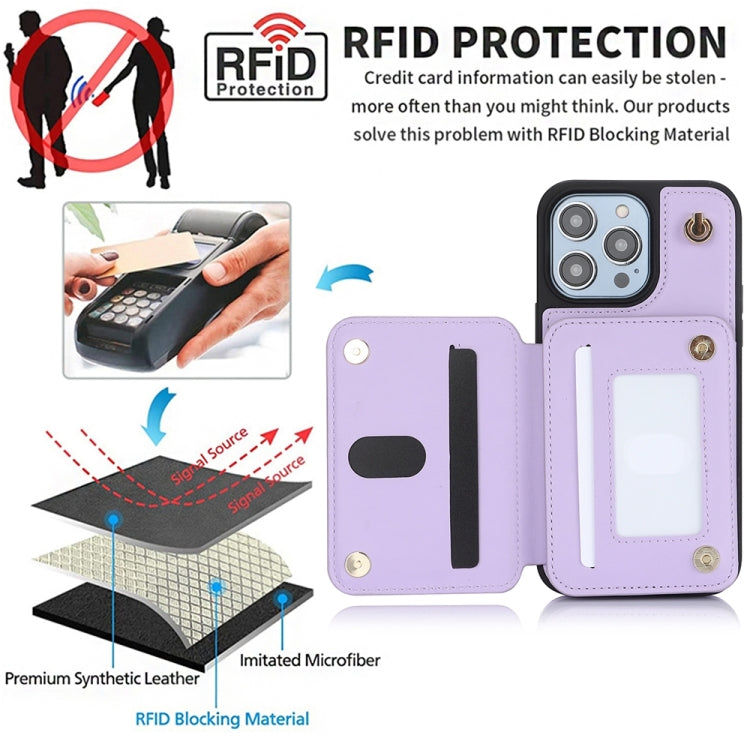 For iPhone 14 Pro Max YM006 Skin Feel Zipper Card Bag Phone Case with Dual Lanyard(Light Purple) - iPhone 14 Pro Max Cases by buy2fix | Online Shopping UK | buy2fix