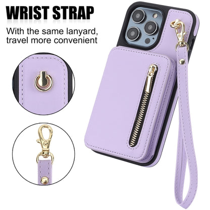 For iPhone 14 Pro Max YM006 Skin Feel Zipper Card Bag Phone Case with Dual Lanyard(Light Purple) - iPhone 14 Pro Max Cases by buy2fix | Online Shopping UK | buy2fix