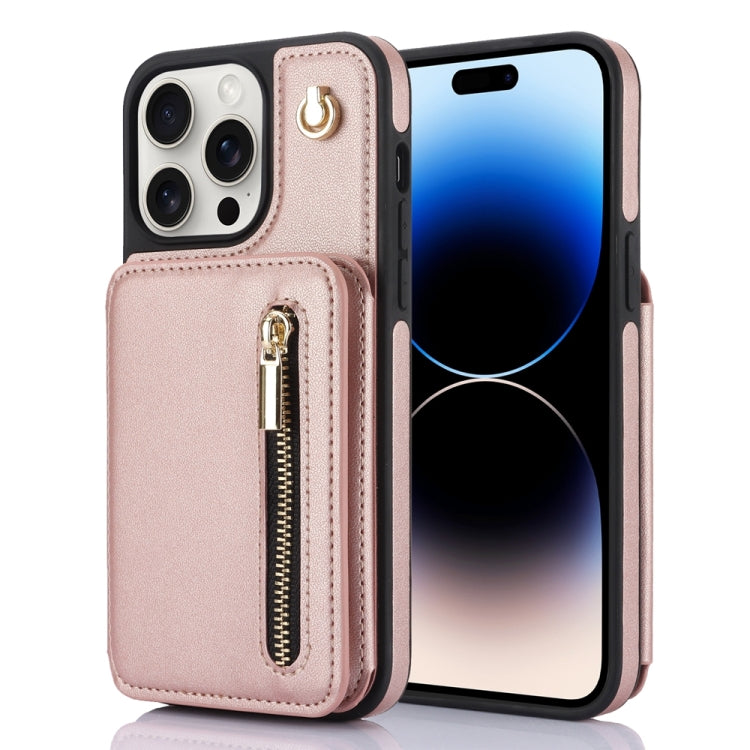 For iPhone 14 Pro Max YM006 Skin Feel Zipper Card Bag Phone Case with Dual Lanyard(Rose Gold) - iPhone 14 Pro Max Cases by buy2fix | Online Shopping UK | buy2fix