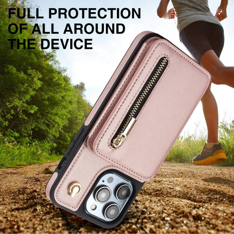 For iPhone 14 Pro Max YM006 Skin Feel Zipper Card Bag Phone Case with Dual Lanyard(Rose Gold) - iPhone 14 Pro Max Cases by buy2fix | Online Shopping UK | buy2fix