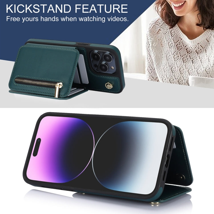 For iPhone 14 Pro Max YM006 Skin Feel Zipper Card Bag Phone Case with Dual Lanyard(Green) - iPhone 14 Pro Max Cases by buy2fix | Online Shopping UK | buy2fix