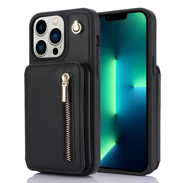 For iPhone 13 Pro Max YM006 Skin Feel Zipper Card Bag Phone Case with Dual Lanyard(Black) - iPhone 13 Pro Max Cases by buy2fix | Online Shopping UK | buy2fix