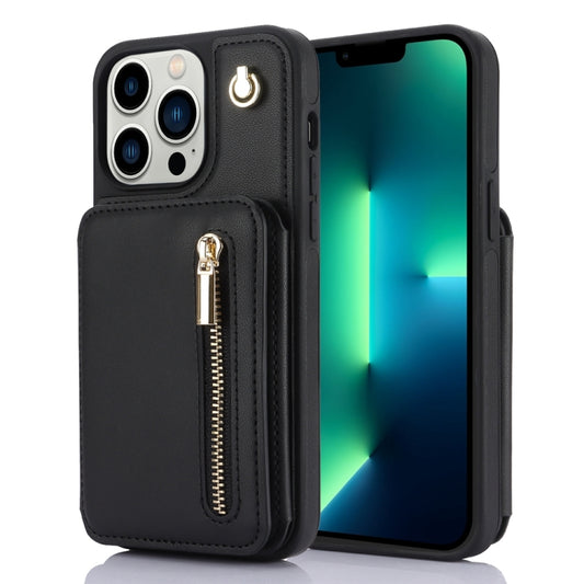 For iPhone 13 Pro Max YM006 Skin Feel Zipper Card Bag Phone Case with Dual Lanyard(Black) - iPhone 13 Pro Max Cases by buy2fix | Online Shopping UK | buy2fix