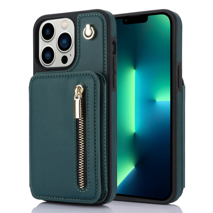 For iPhone 13 Pro Max YM006 Skin Feel Zipper Card Bag Phone Case with Dual Lanyard(Green) - iPhone 13 Pro Max Cases by buy2fix | Online Shopping UK | buy2fix