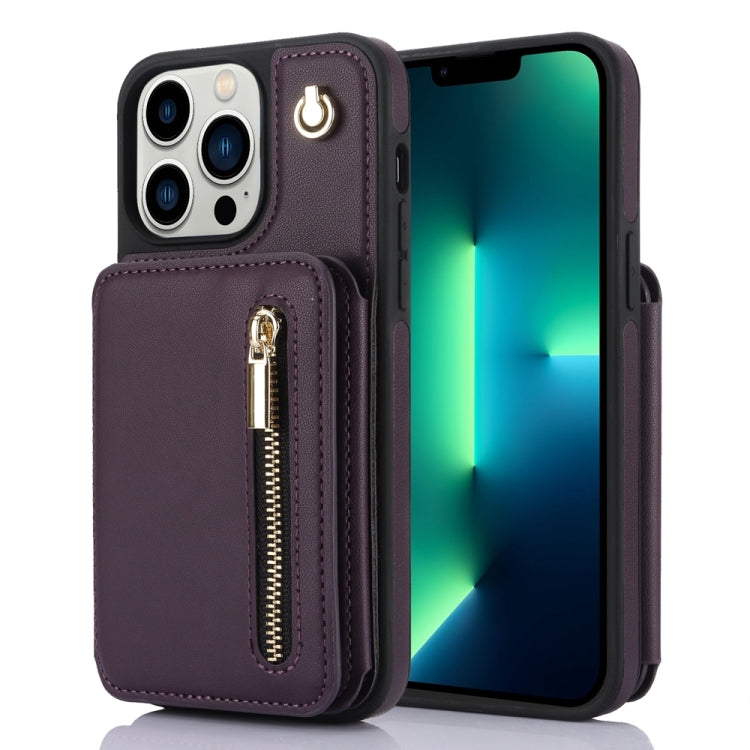 For iPhone 13 Pro YM006 Skin Feel Zipper Card Bag Phone Case with Dual Lanyard(Dark Purple) - iPhone 13 Pro Cases by buy2fix | Online Shopping UK | buy2fix