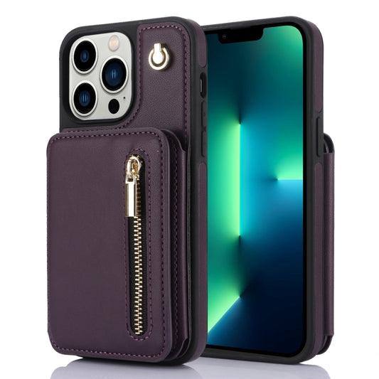 For iPhone 13 Pro YM006 Skin Feel Zipper Card Bag Phone Case with Dual Lanyard(Dark Purple) - iPhone 13 Pro Cases by buy2fix | Online Shopping UK | buy2fix
