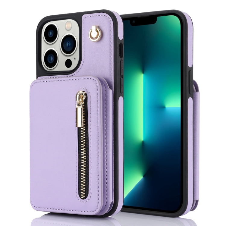 For iPhone 13 Pro YM006 Skin Feel Zipper Card Bag Phone Case with Dual Lanyard(Light Purple) - iPhone 13 Pro Cases by buy2fix | Online Shopping UK | buy2fix