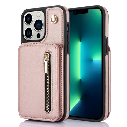 For iPhone 13 Pro YM006 Skin Feel Zipper Card Bag Phone Case with Dual Lanyard(Rose Gold) - iPhone 13 Pro Cases by buy2fix | Online Shopping UK | buy2fix