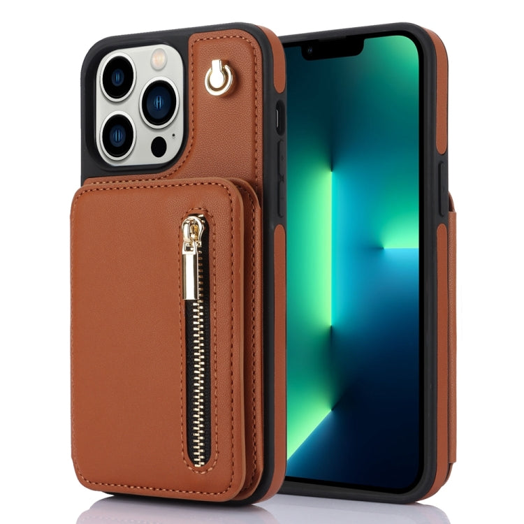 For iPhone 13 Pro YM006 Skin Feel Zipper Card Bag Phone Case with Dual Lanyard(Brown) - iPhone 13 Pro Cases by buy2fix | Online Shopping UK | buy2fix