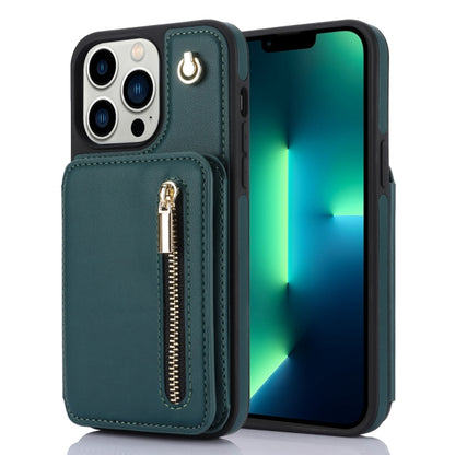 For iPhone 13 Pro YM006 Skin Feel Zipper Card Bag Phone Case with Dual Lanyard(Green) - iPhone 13 Pro Cases by buy2fix | Online Shopping UK | buy2fix