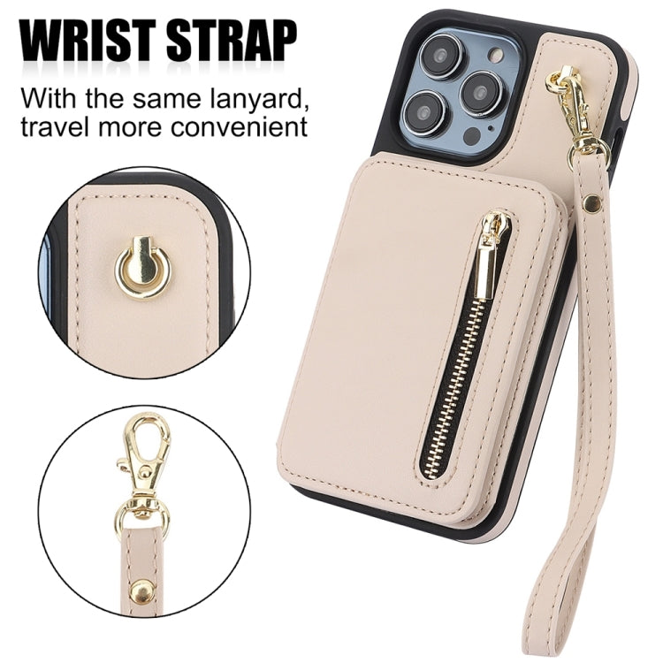 For iPhone 12 / 12 Pro YM006 Skin Feel Zipper Card Bag Phone Case with Dual Lanyard(Apricot) - iPhone 12 / 12 Pro Cases by buy2fix | Online Shopping UK | buy2fix