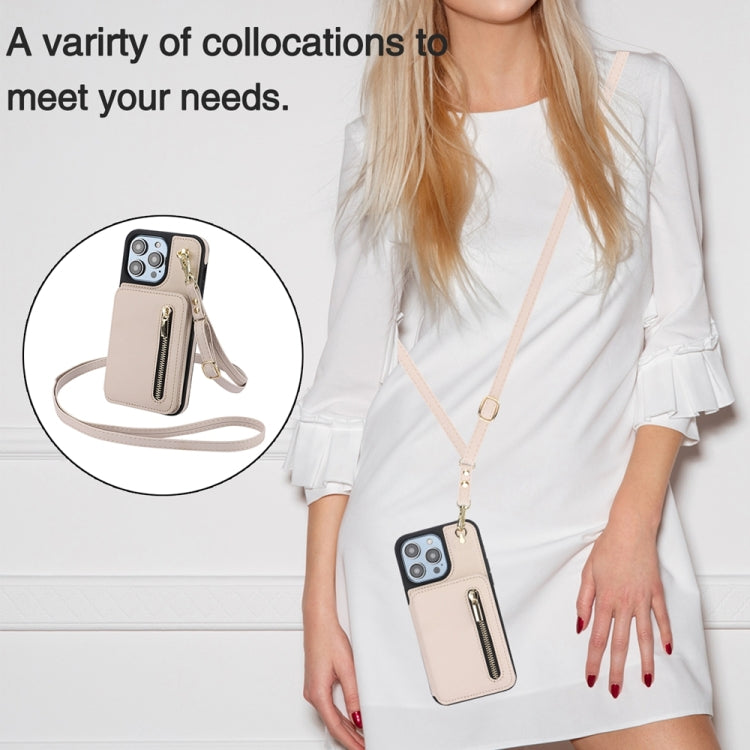 For iPhone 12 / 12 Pro YM006 Skin Feel Zipper Card Bag Phone Case with Dual Lanyard(Apricot) - iPhone 12 / 12 Pro Cases by buy2fix | Online Shopping UK | buy2fix