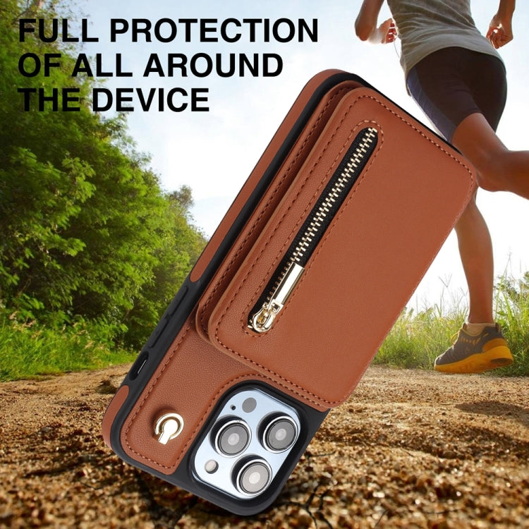 For iPhone 12 / 12 Pro YM006 Skin Feel Zipper Card Bag Phone Case with Dual Lanyard(Brown) - iPhone 12 / 12 Pro Cases by buy2fix | Online Shopping UK | buy2fix