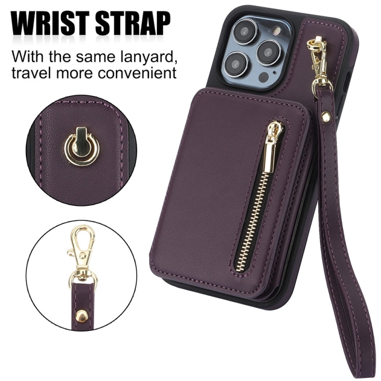 For iPhone 12 Pro Max YM006 Skin Feel Zipper Card Bag Phone Case with Dual Lanyard(Dark Purple) - iPhone 12 Pro Max Cases by buy2fix | Online Shopping UK | buy2fix