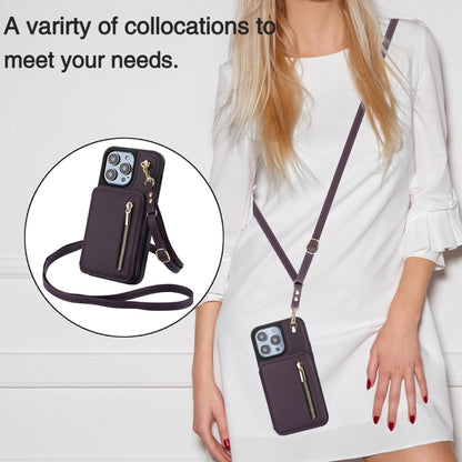 For iPhone 12 Pro Max YM006 Skin Feel Zipper Card Bag Phone Case with Dual Lanyard(Dark Purple) - iPhone 12 Pro Max Cases by buy2fix | Online Shopping UK | buy2fix