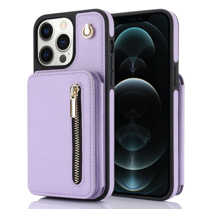For iPhone 12 Pro Max YM006 Skin Feel Zipper Card Bag Phone Case with Dual Lanyard(Light Purple) - iPhone 12 Pro Max Cases by buy2fix | Online Shopping UK | buy2fix