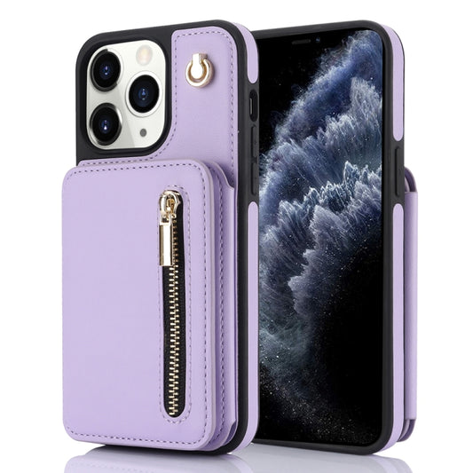 For iPhone 11 Pro Max YM006 Skin Feel Zipper Card Bag Phone Case with Dual Lanyard(Light Purple) - iPhone 11 Pro Max Cases by buy2fix | Online Shopping UK | buy2fix