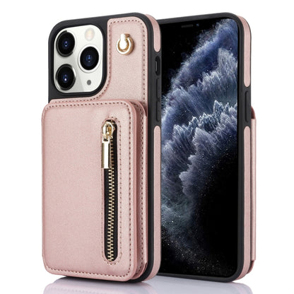 For iPhone 11 Pro Max YM006 Skin Feel Zipper Card Bag Phone Case with Dual Lanyard(Rose Gold) - iPhone 11 Pro Max Cases by buy2fix | Online Shopping UK | buy2fix