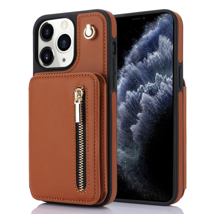 For iPhone 11 Pro Max YM006 Skin Feel Zipper Card Bag Phone Case with Dual Lanyard(Brown) - iPhone 11 Pro Max Cases by buy2fix | Online Shopping UK | buy2fix