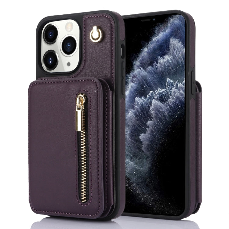 For iPhone 11 Pro YM006 Skin Feel Zipper Card Bag Phone Case with Dual Lanyard(Dark Purple) - iPhone 11 Pro Cases by buy2fix | Online Shopping UK | buy2fix