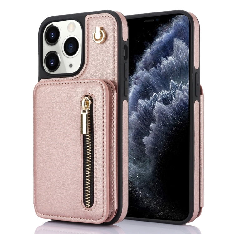 For iPhone 11 Pro YM006 Skin Feel Zipper Card Bag Phone Case with Dual Lanyard(Rose Gold) - iPhone 11 Pro Cases by buy2fix | Online Shopping UK | buy2fix