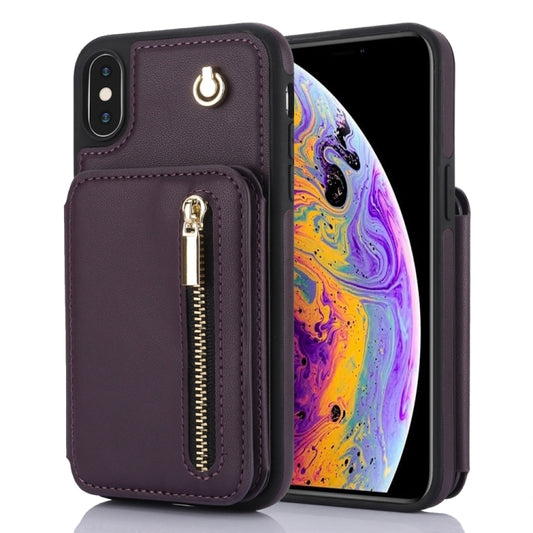 For iPhone X / XS YM006 Skin Feel Zipper Card Bag Phone Case with Dual Lanyard(Dark Purple) - More iPhone Cases by buy2fix | Online Shopping UK | buy2fix